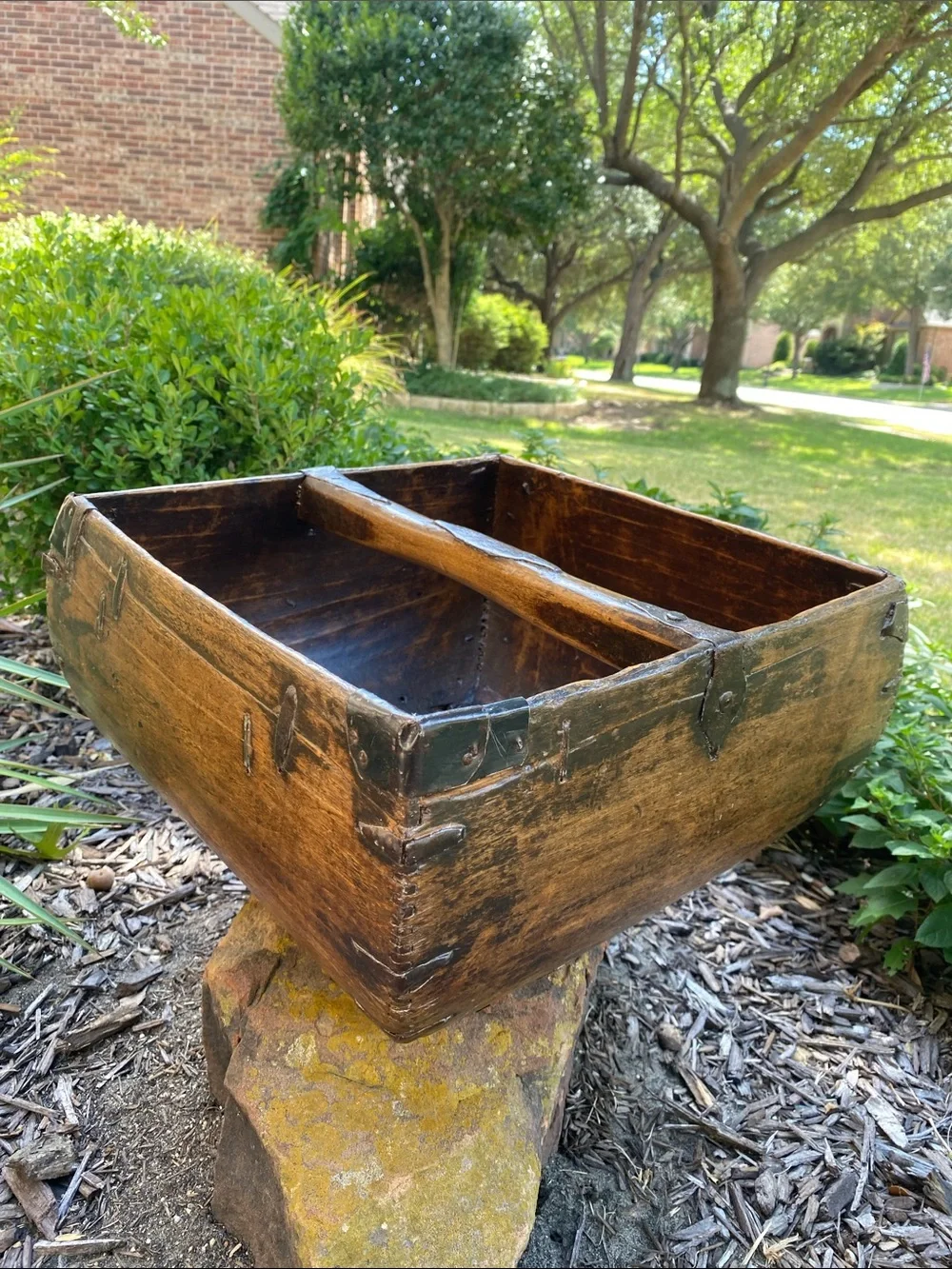Antique Chinese Wooden Rice Measure Basket w/Handle and rustic metal accents